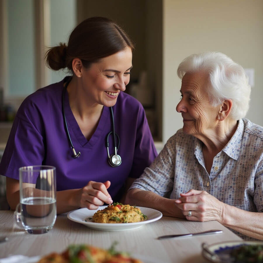 Nurse assisting elderly woman during meal.