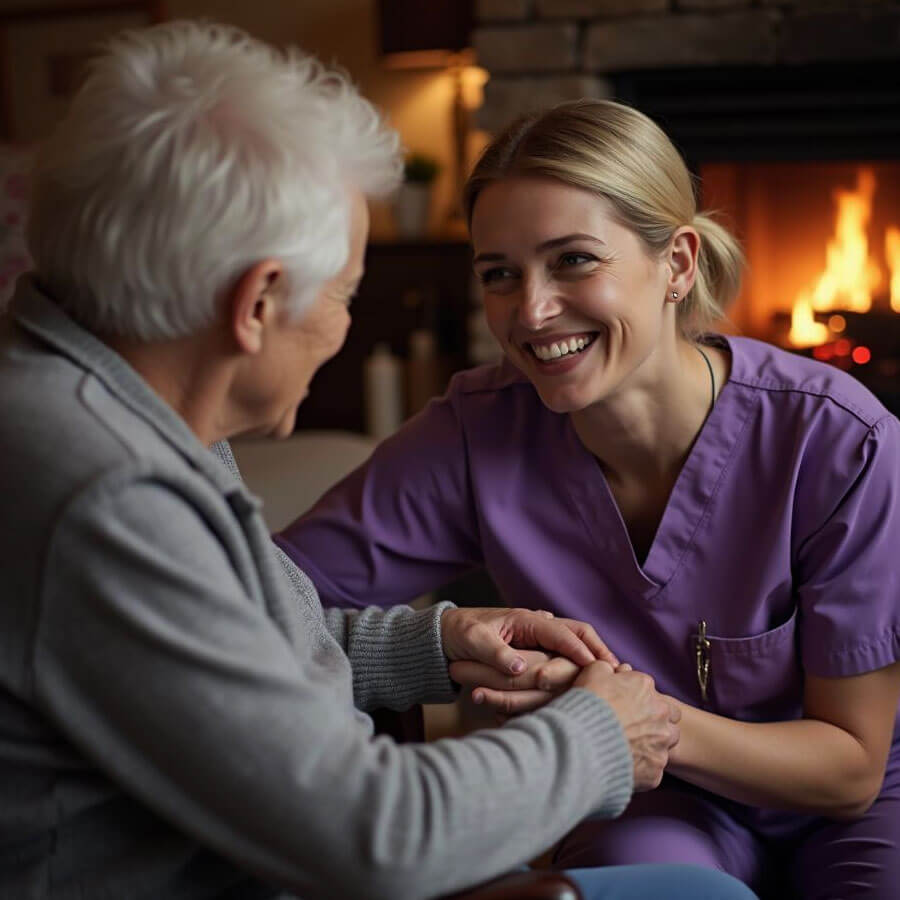 Smiling caregiver holding hands with elderly woman by fireplace.