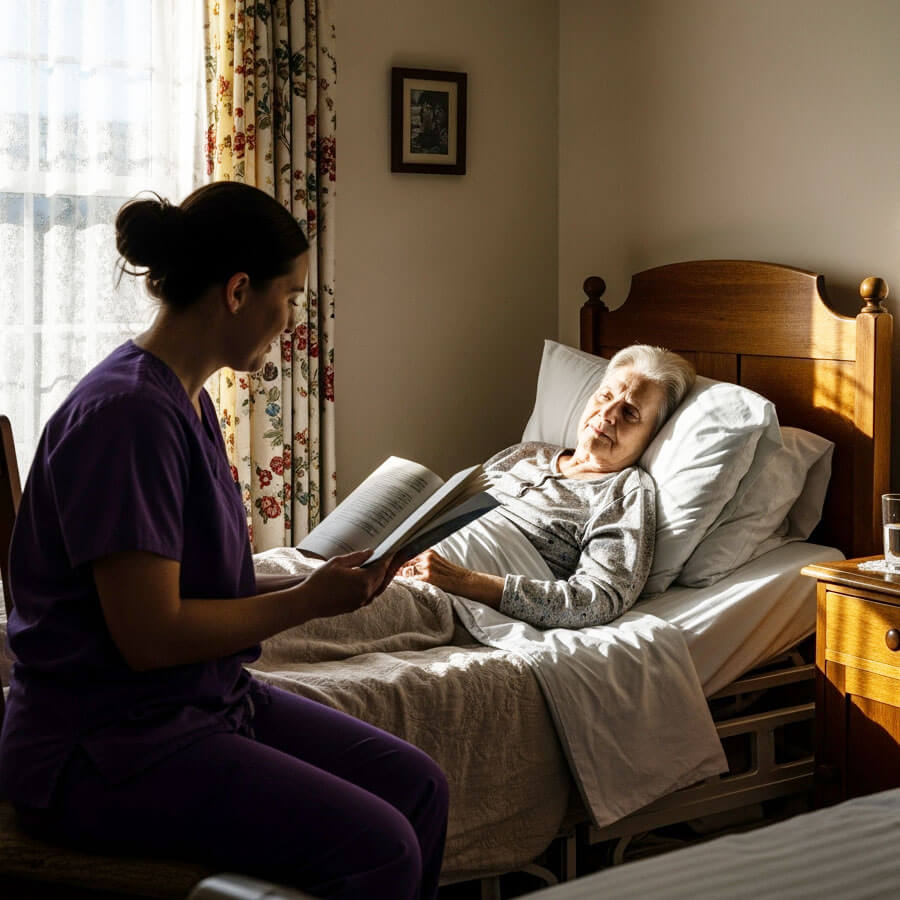 Nurse reading to elderly patient in bed.