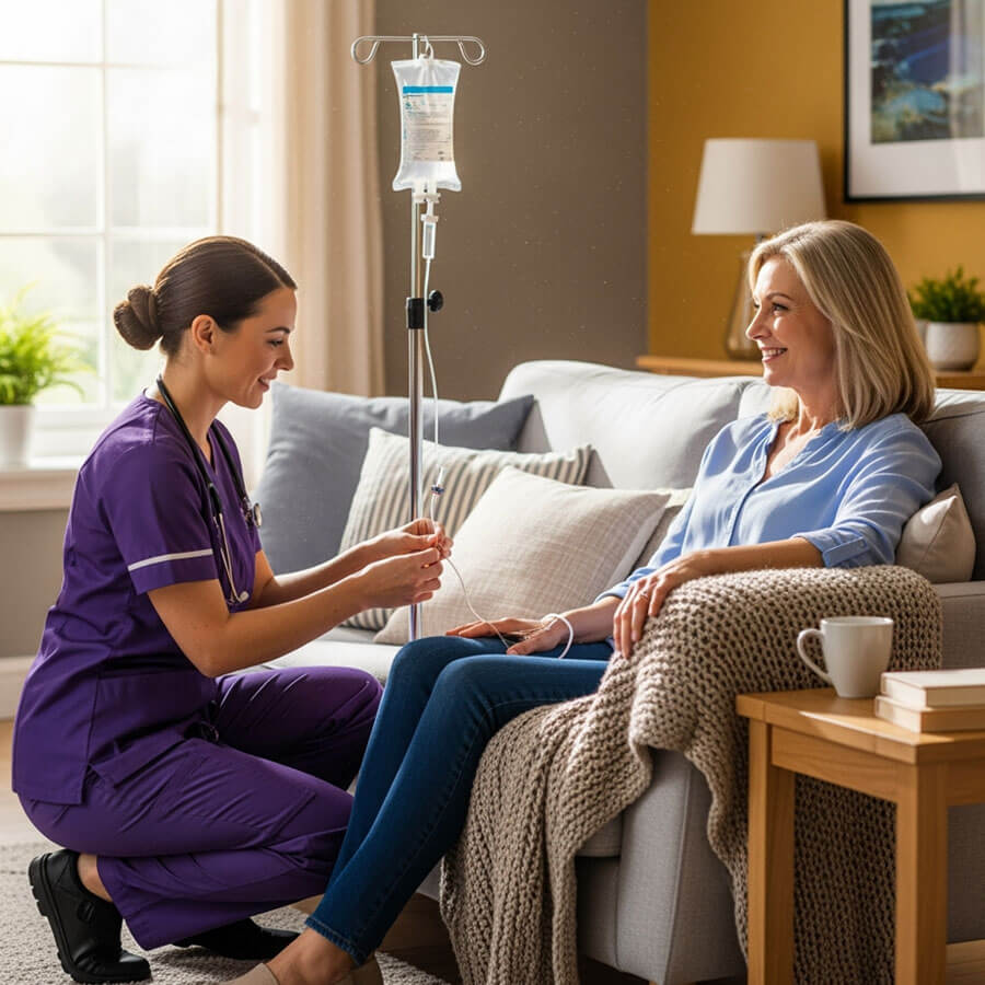 Nurse administering IV therapy at home to patient.