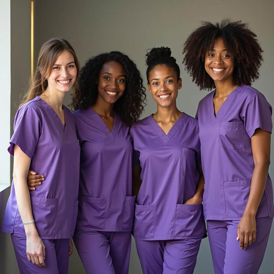 Smiling nurses in purple scrubs group photo