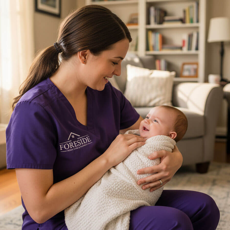Nurse comforting newborn baby at home.