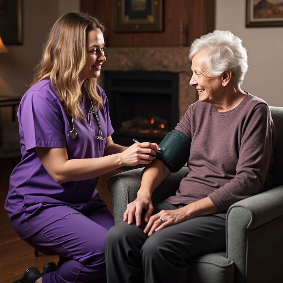 Nurse checks elderly woman's blood pressure at home.