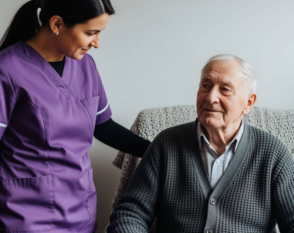 Caregiver assisting elderly man at home.