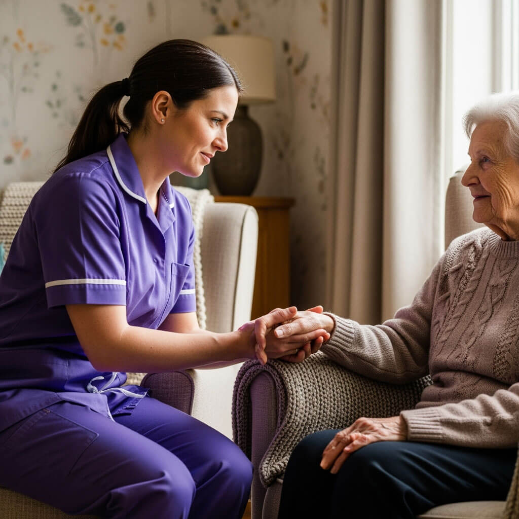 Nurse supporting elderly woman in care home