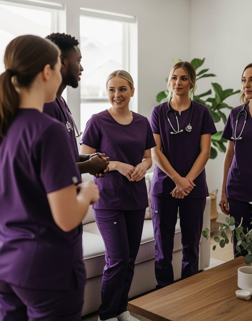 Group of nurses in purple scrubs talking together.