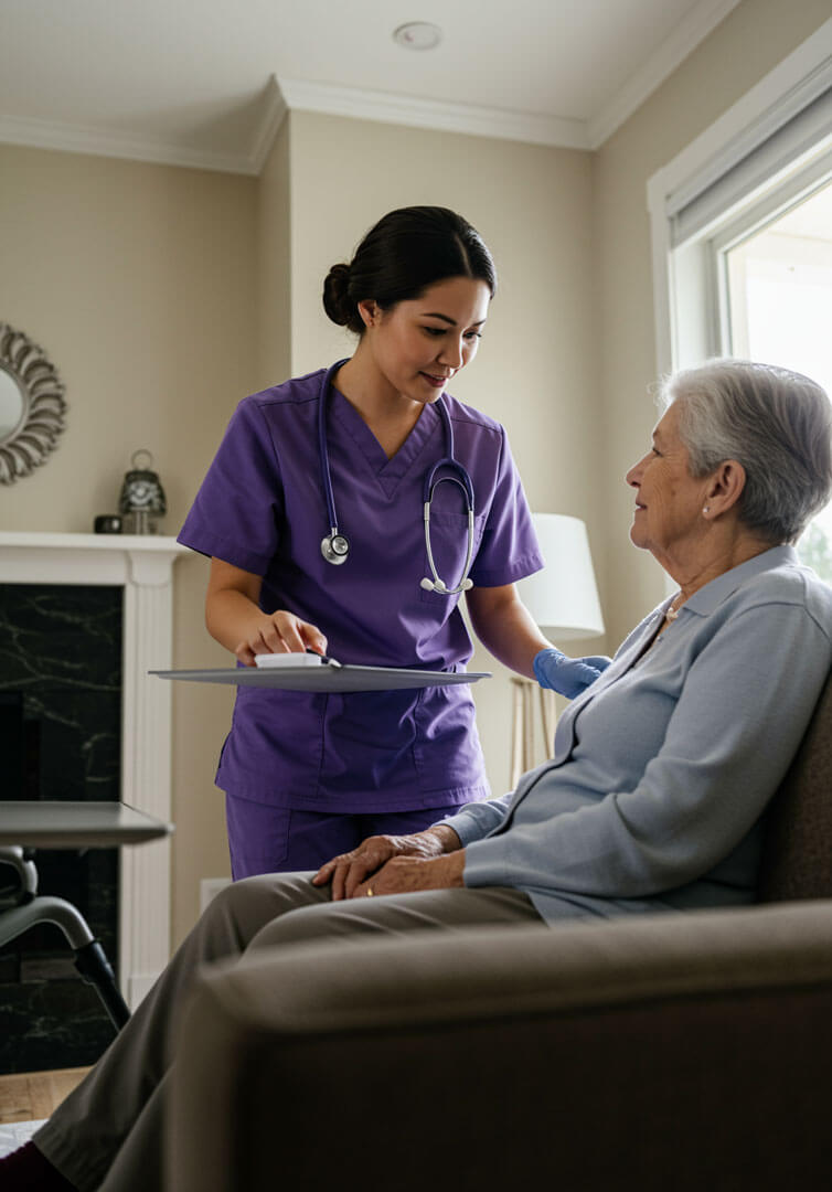 Nurse assisting elderly woman at home.