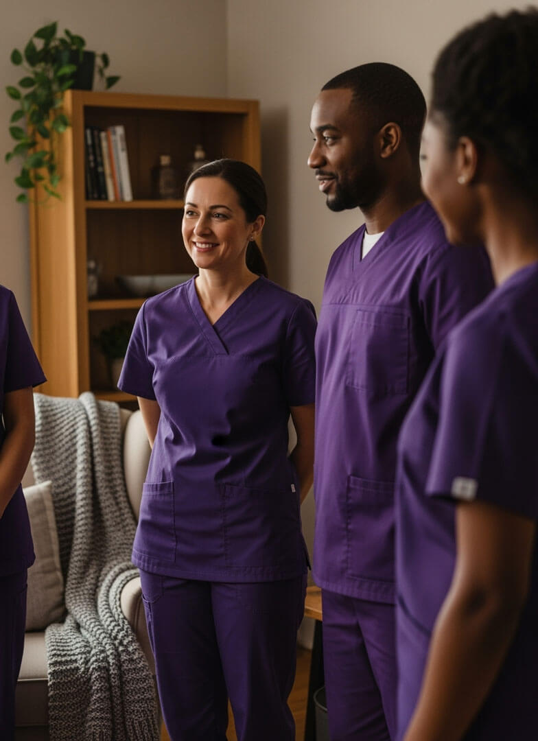 Group of nurses in purple uniforms smiling.