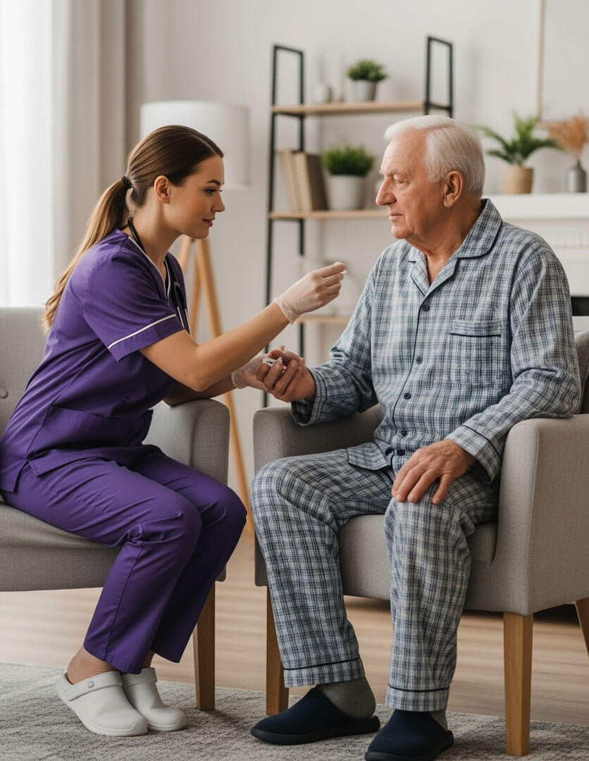 Nurse assisting elderly man in home setting.