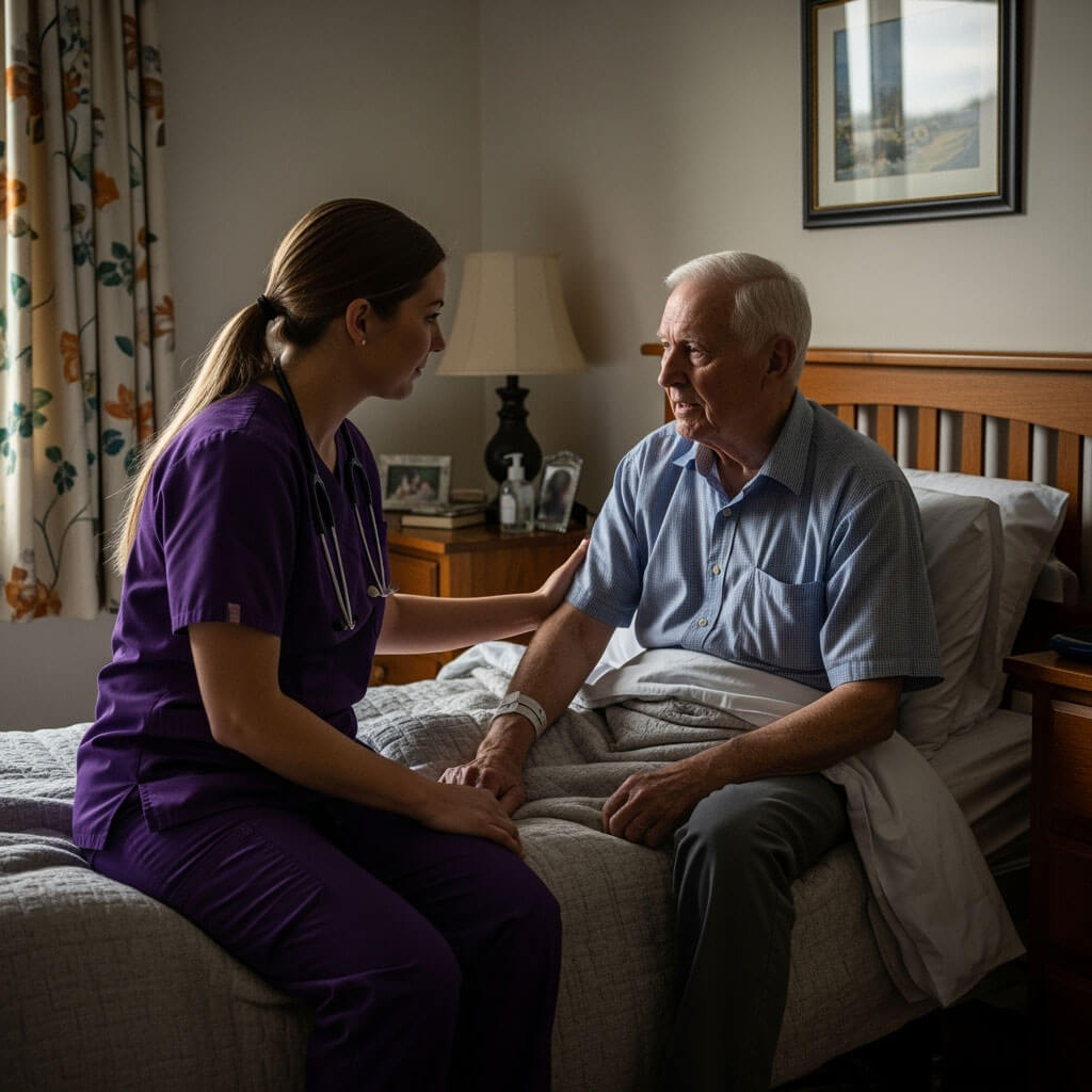 Nurse caring for elderly man in hospital room.