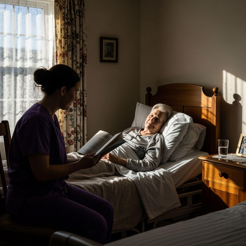 Caregiver reading to elderly woman in bed.