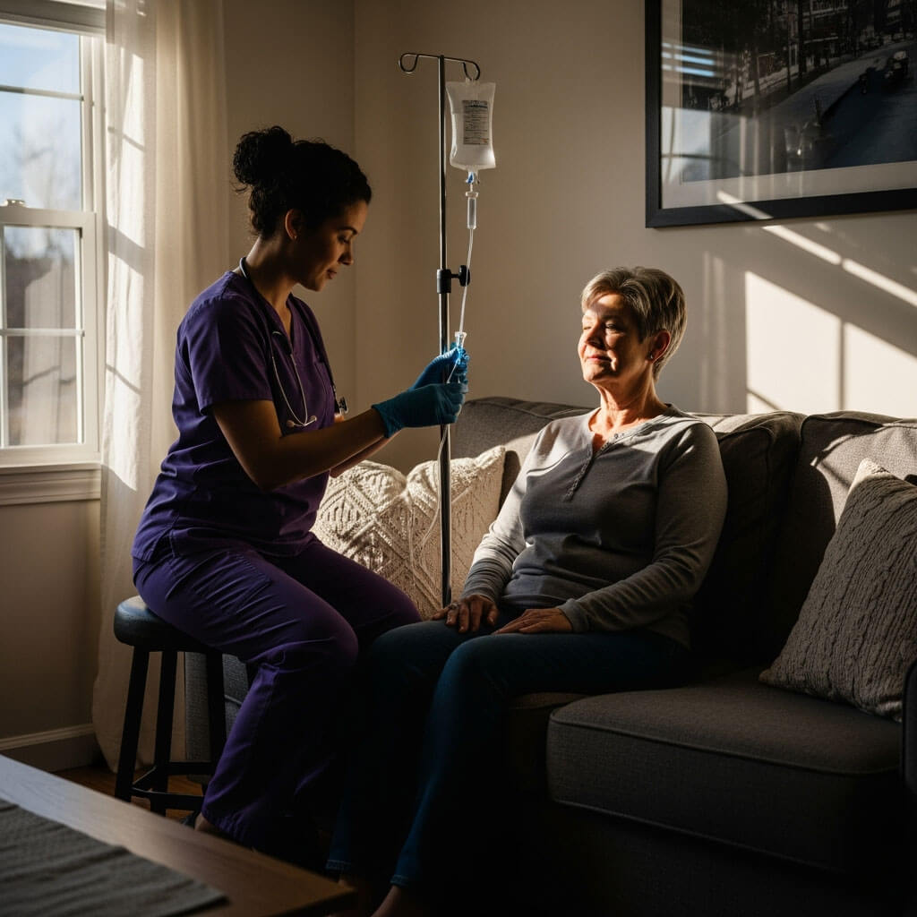 Nurse administering IV to patient at home.