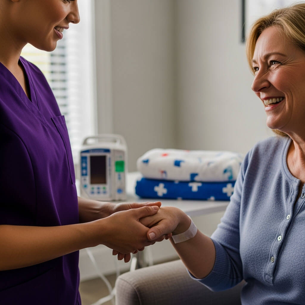 Nurse assisting smiling patient in hospital room.
