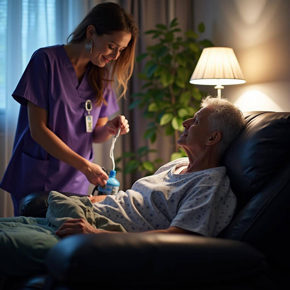 Nurse caring for elderly patient at home.