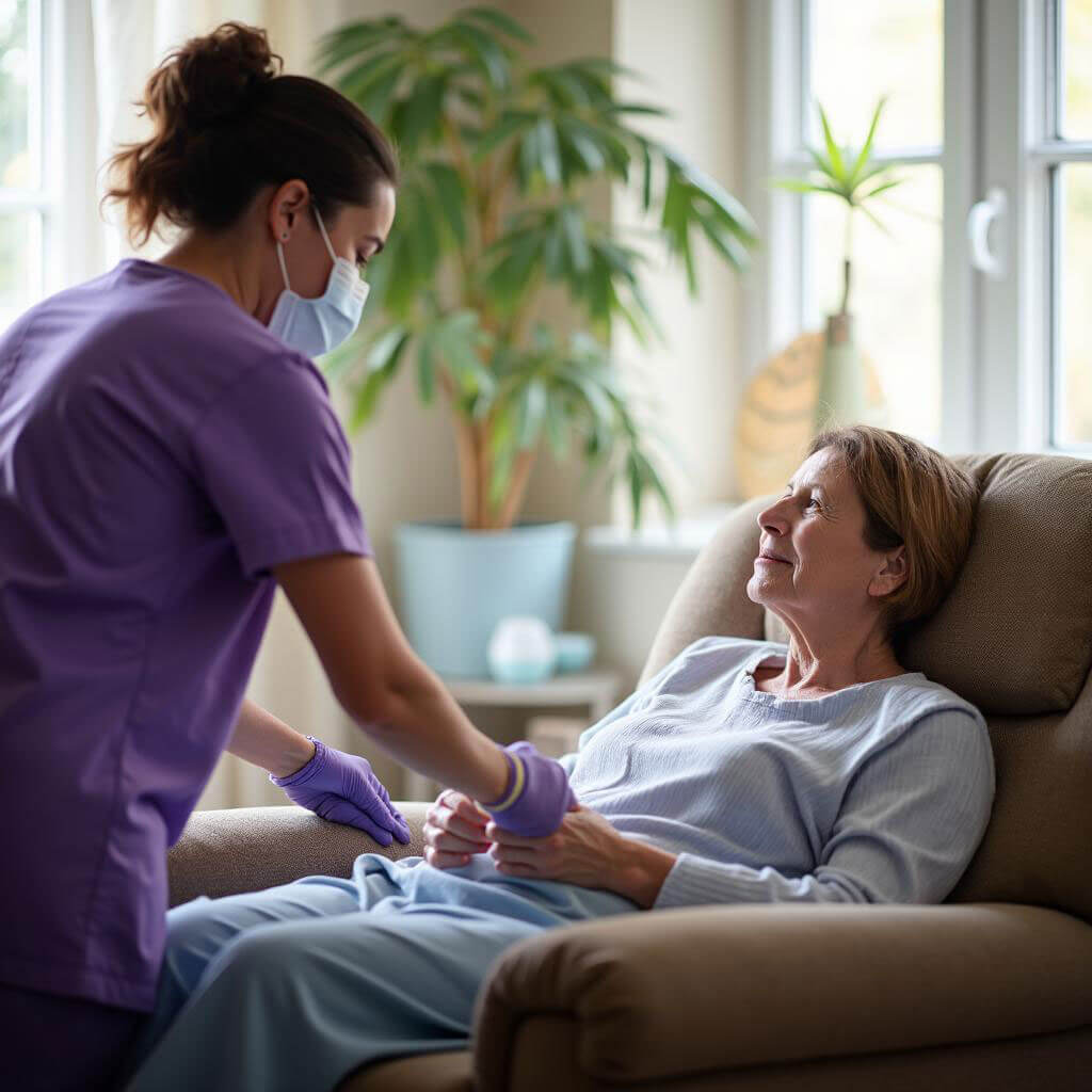 Nurse caring for elderly woman at home.