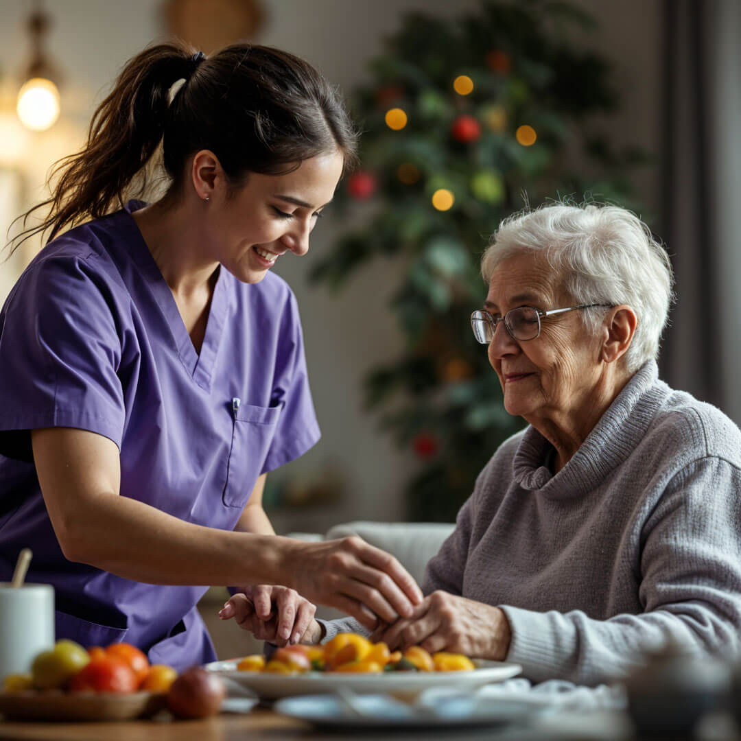 Caregiver assisting elderly woman with meal preparation.