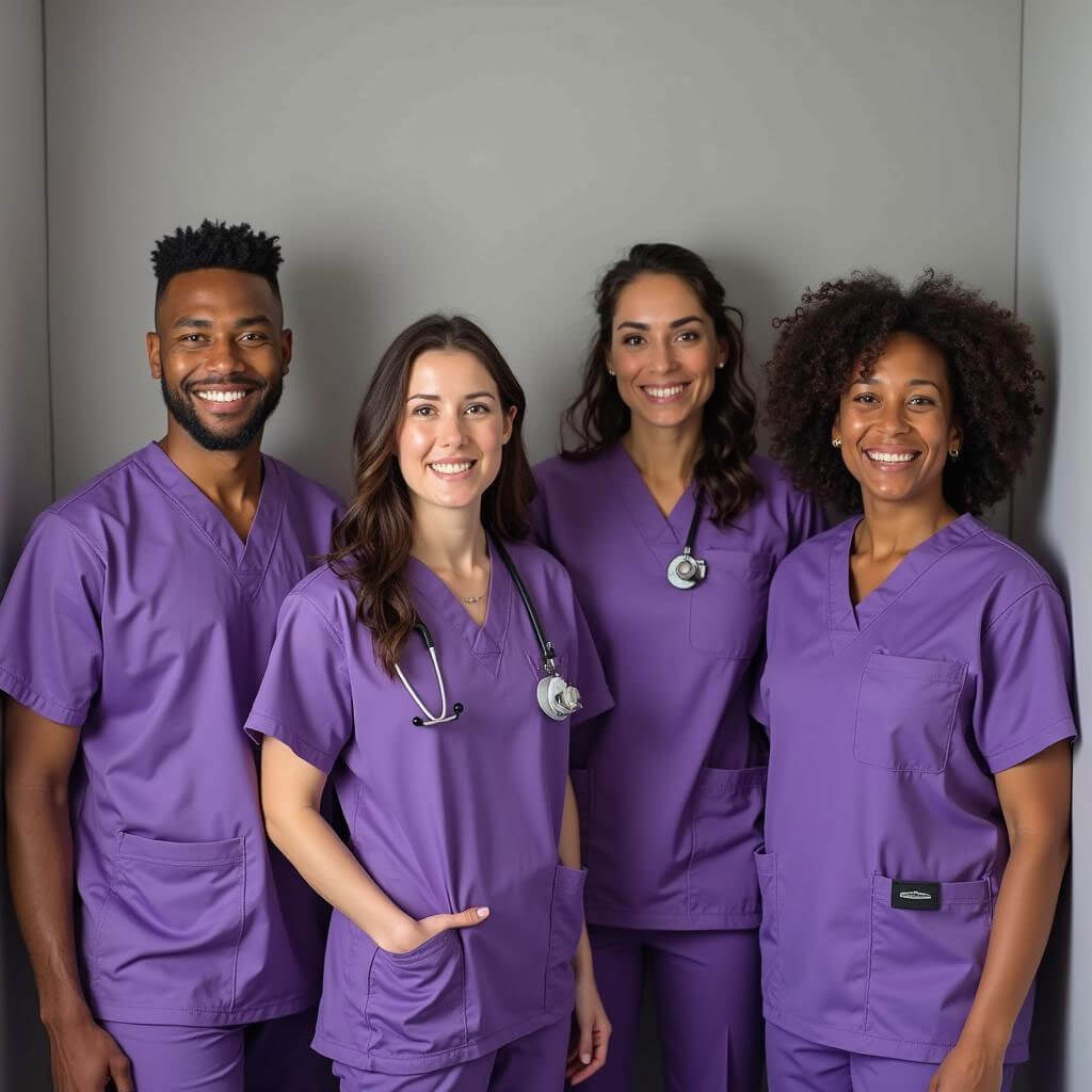 Diverse healthcare team in purple scrubs smiling