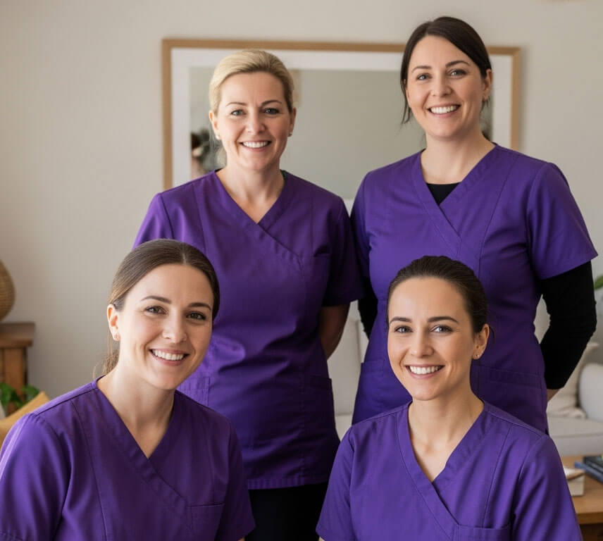 Group of smiling healthcare professionals in purple uniforms