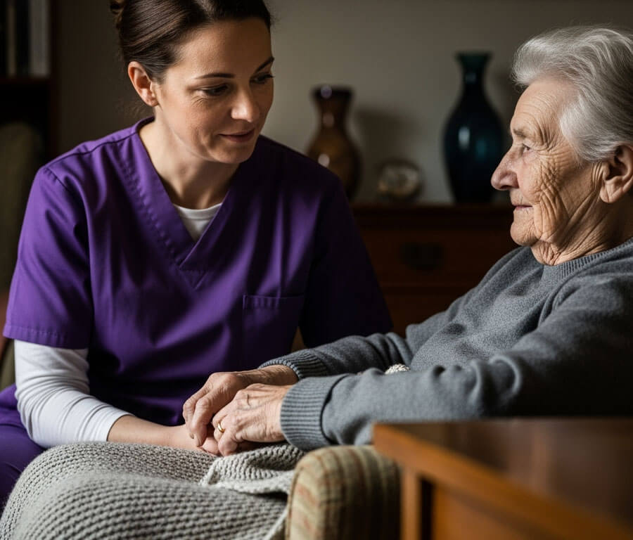 Nurse comforting elderly woman at home.