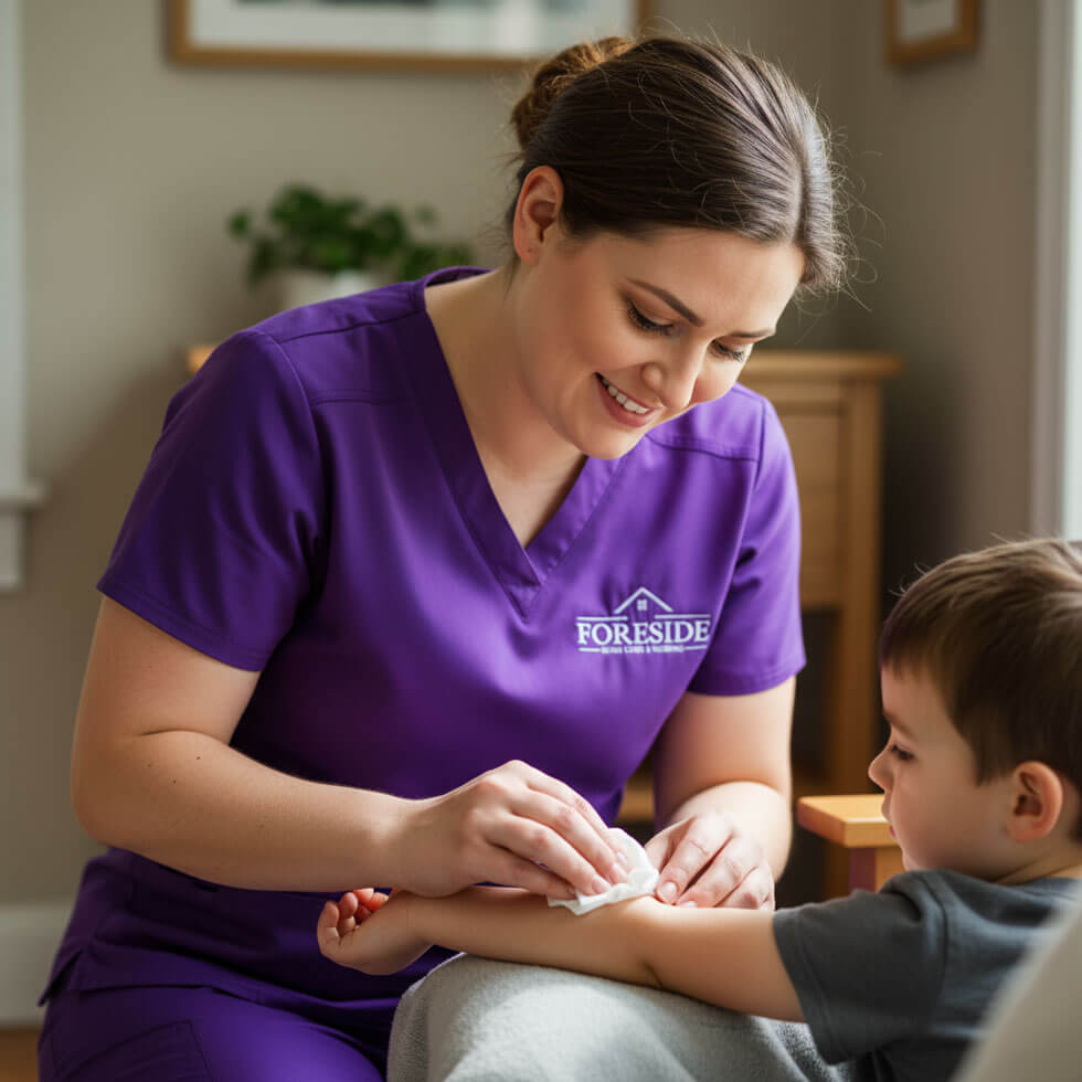 Nurse caring for child's arm in home setting.