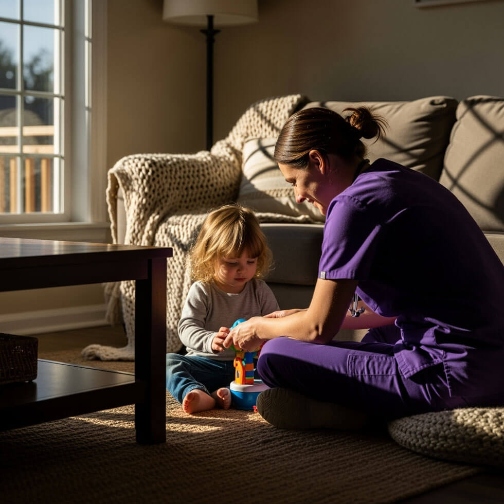Woman and child playing with toy on floor.