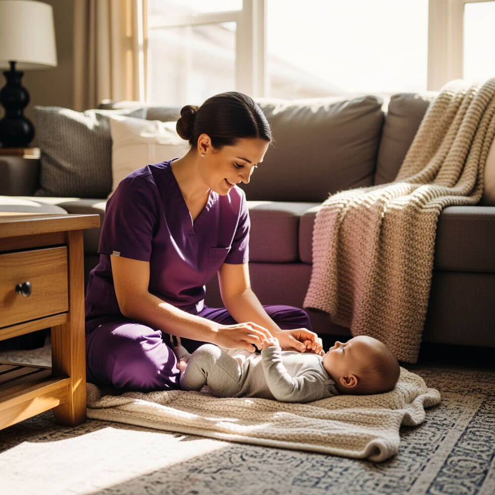 Woman in scrubs playing with baby on rug.