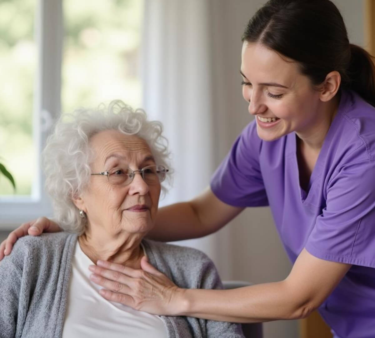 Caregiver assisting elderly woman indoors, smiling together.