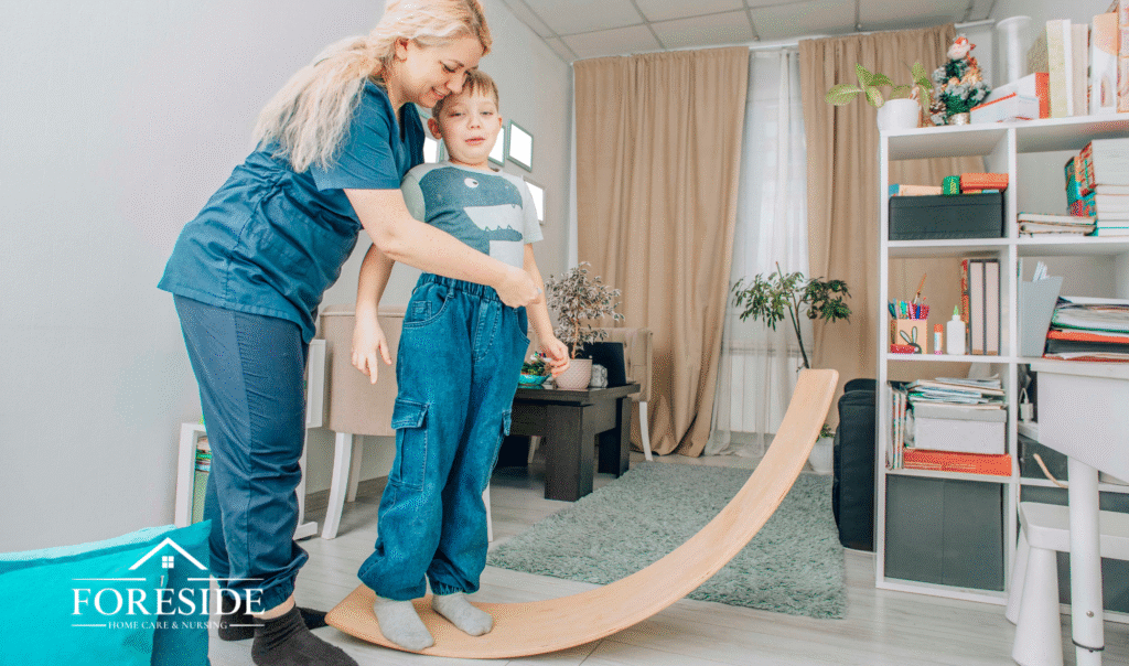 Therapist helping child balance on wooden board.