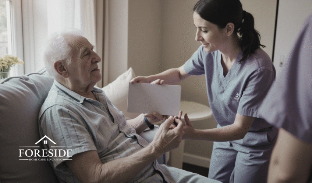 Caregiver assisting elderly man with envelope