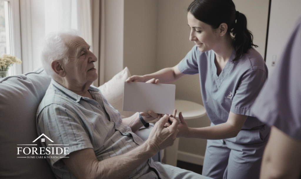 Caregiver assisting senior with document in nursing home.
